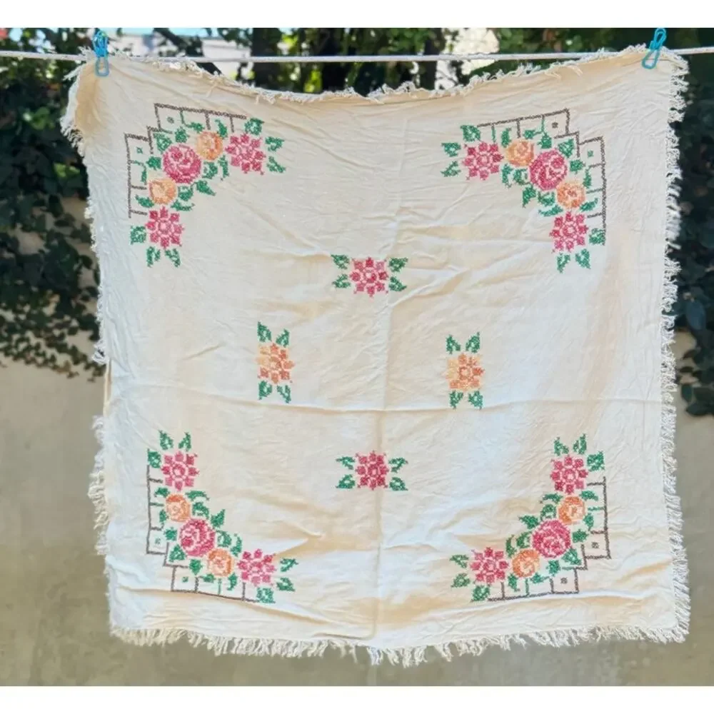 Vintage Cross Stitch Linen Table Topper 32x32 Cottagecore Primitive Farmhouse